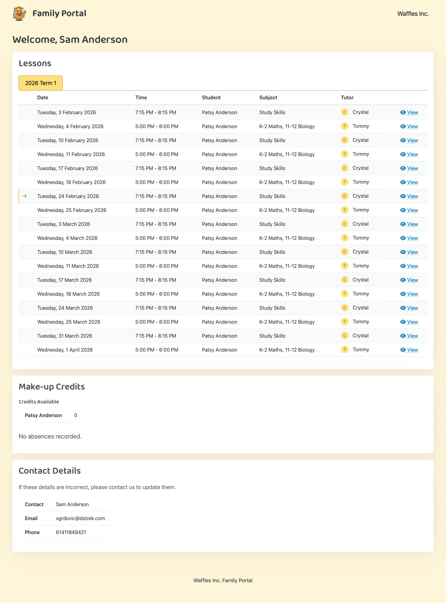 Family portal showing sessions and absence notifications