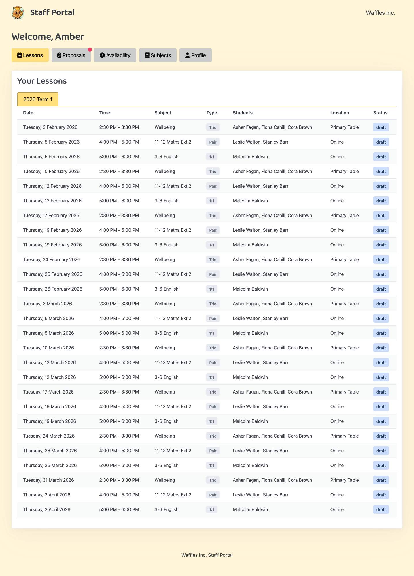 Staff portal with schedule and session details